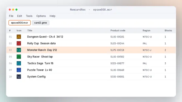 Main window MemcardRex main window: saves listed with icons, codes and regions